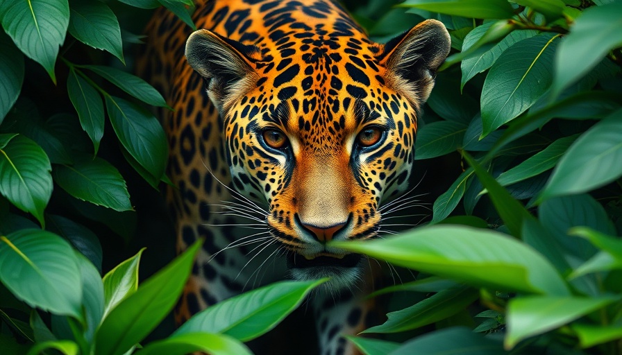 Majestic jaguar prowling in the jungle, intense gaze in thick foliage.
