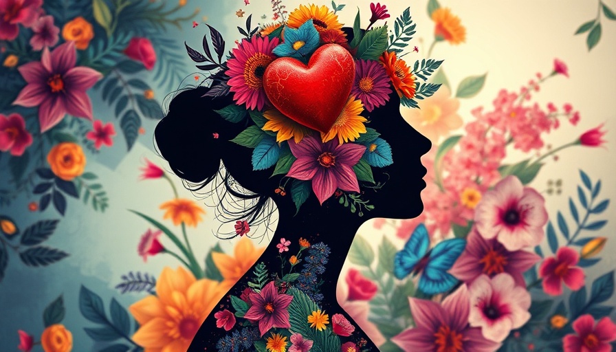 Abstract silhouette with heart and flora in vibrant colors, modern art.