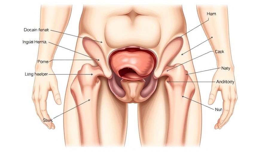 Anatomical illustration of inguinal hernia on human abdomen.