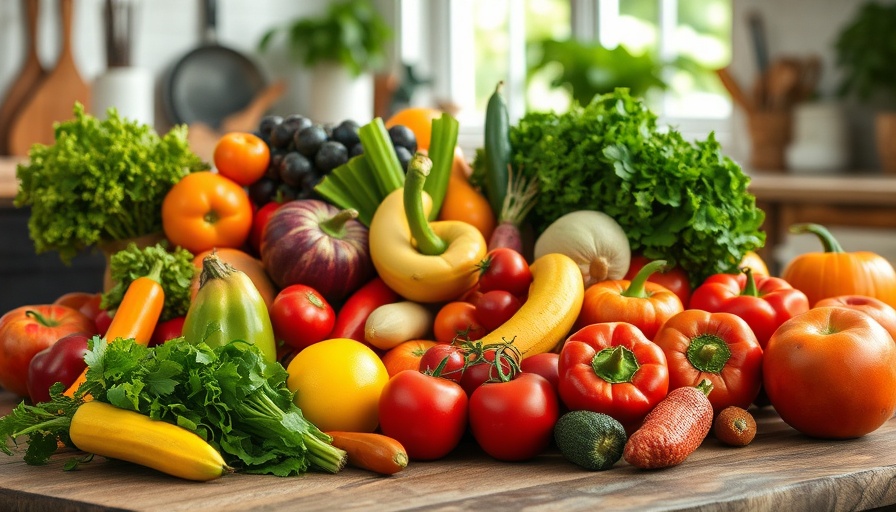 Assorted fruits and vegetables promoting lifestyle changes for heart health.