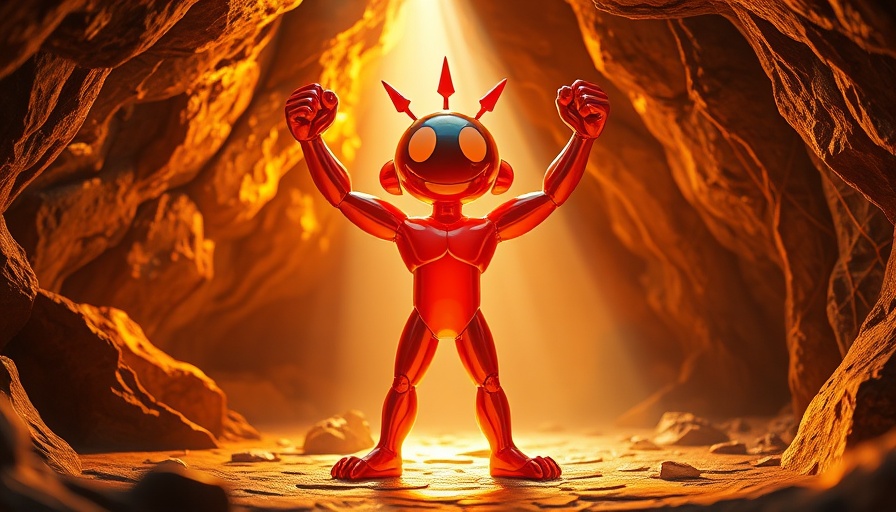 Abstract figure discovering inner gold in a cave, vibrant cartoon.