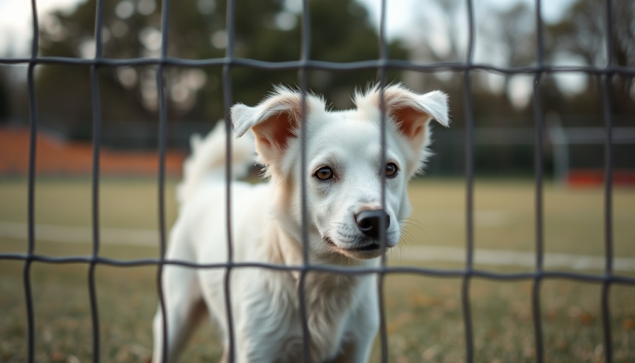 Curious white dog looking through fence, natural lighting.