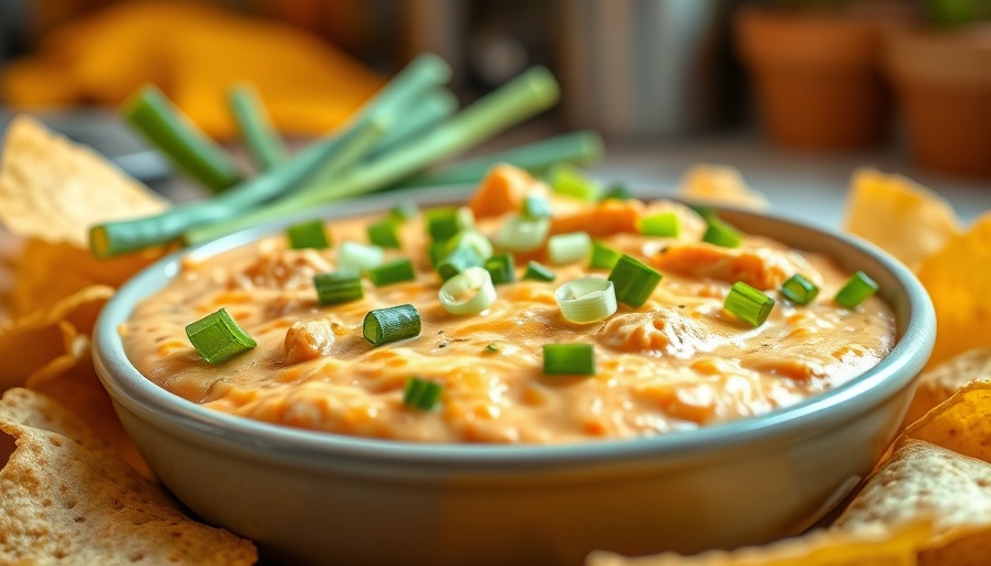 Buffalo chicken dip topped with cheese and scallions next to chips.