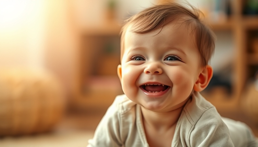 Smiling baby sitting on floor, related to teething products recall.