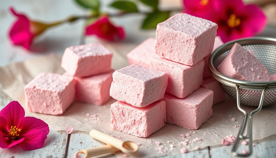 Hibiscus rose marshmallows dusted with powder on parchment paper.