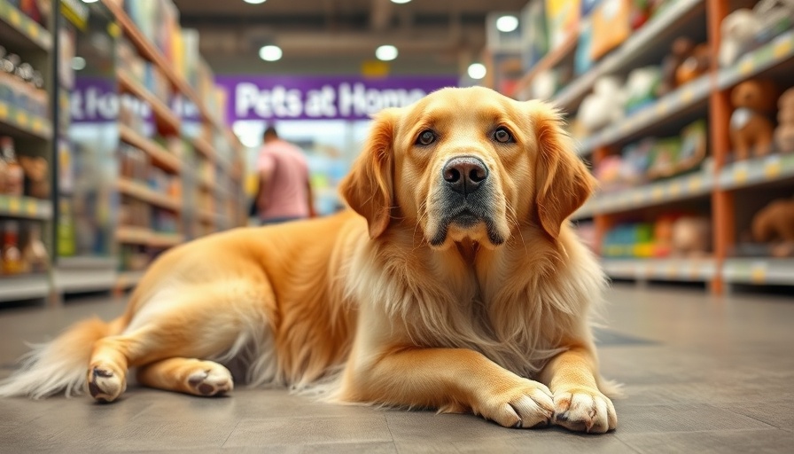Golden retriever in pet store with lab-grown meat treats.