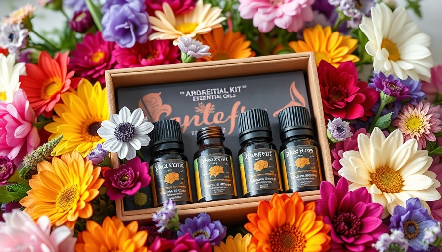 Aromatic essential oil kit with flowers and vibrant background.