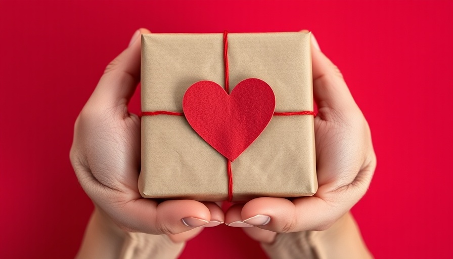 Valentine's Day gift box with red heart held by hands.