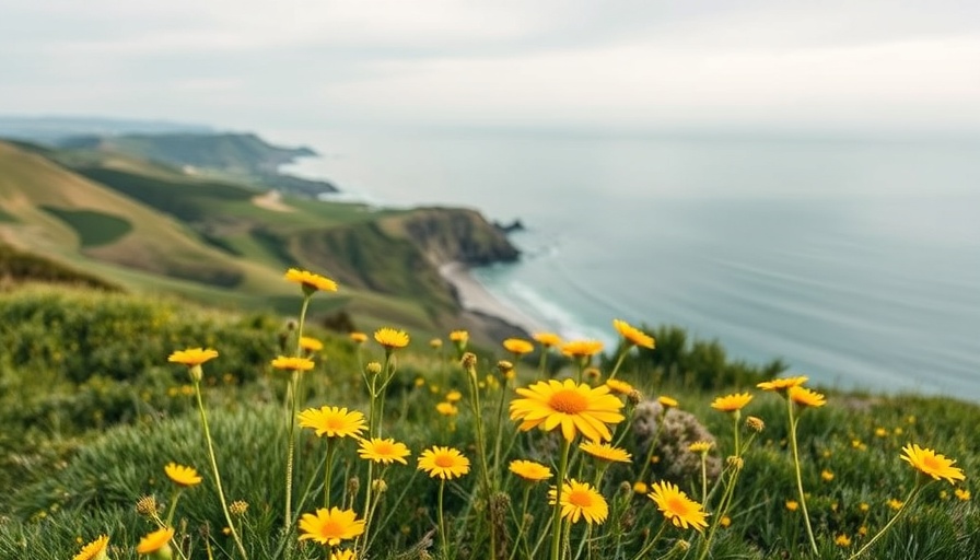 Scenic coastal view with wildflowers and ocean, highlighting landscape beauty.