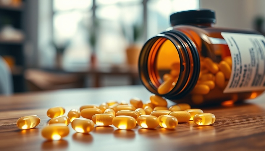 Vitamin D capsules spilling from a bottle on wooden table.