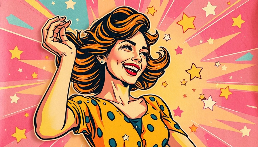 Vibrant collage art of a playful woman dancing amidst stars, self-sabotage theme.