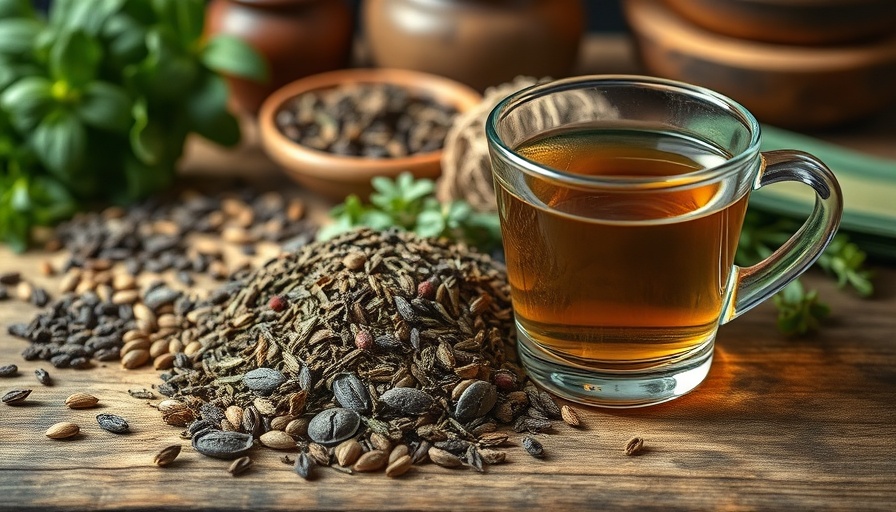 Rustic setup of warming herbal tea ingredients, featuring Genmaicha tea.
