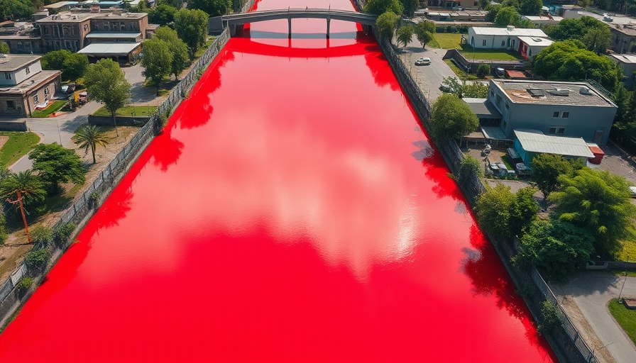 Polluted Argentina canal running through suburb with industrial surroundings.