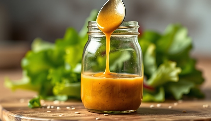 Sweet Asian salad dressing in a jar with spoon drizzling