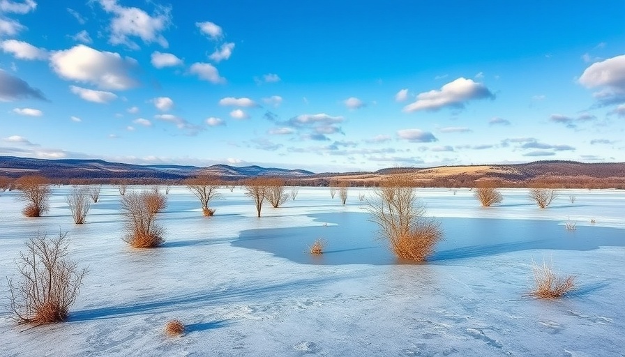 Frozen Czech wetland scene with bare trees and icy ponds.