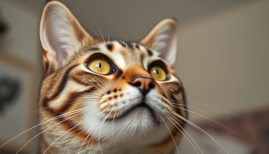 Close-up of a tabby cat with slit pupils, thoughtfully gazing.