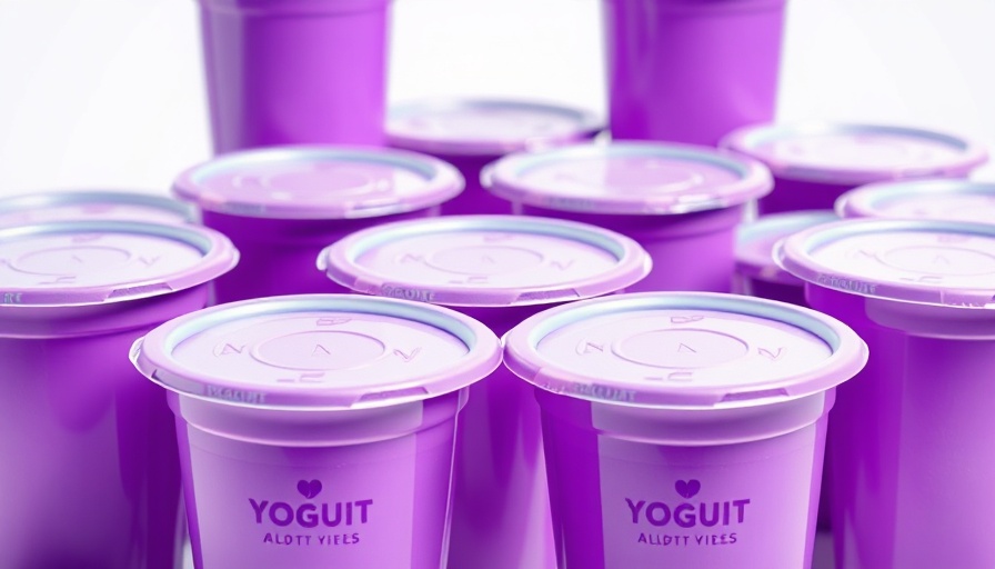 Bright purple yogurt containers, non-recyclable items.