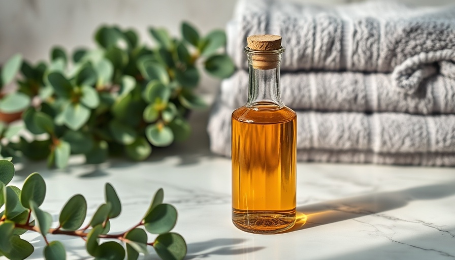 Apple cider vinegar bottle with towels and eucalyptus.