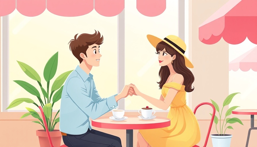 Illustrated couple at a cafe strengthening loving relationships with mindfulness