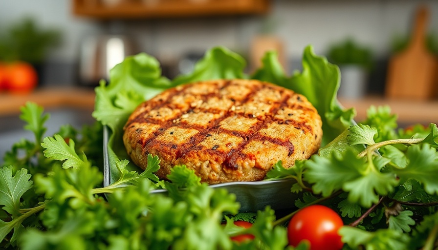 Packaged plant-based burger with fresh greens, highlighting fake meat dangers.