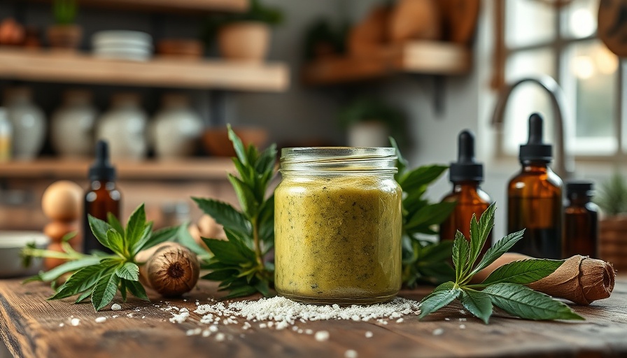 Herbal scrub and essential oils for ingrown hairs on rustic table.