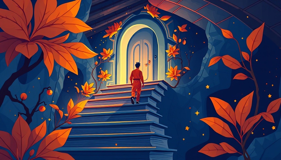 Stylized inner wanderer illustration with man near mystical door.
