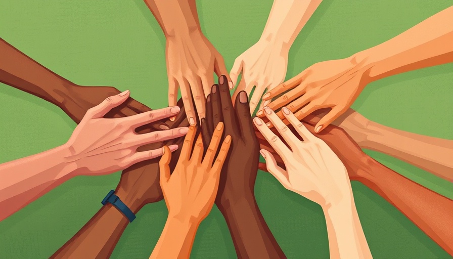 Illustration of diverse hands joining together for mindfulness and unity.