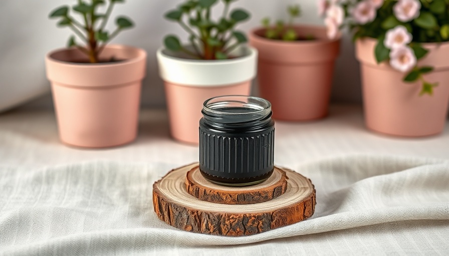 Jar of black drawing salve on wooden coaster with plants.