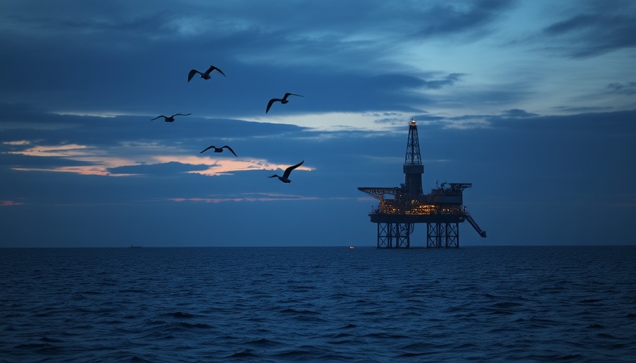 Oil and gas drilling rig with seabirds at dusk over protected waters.