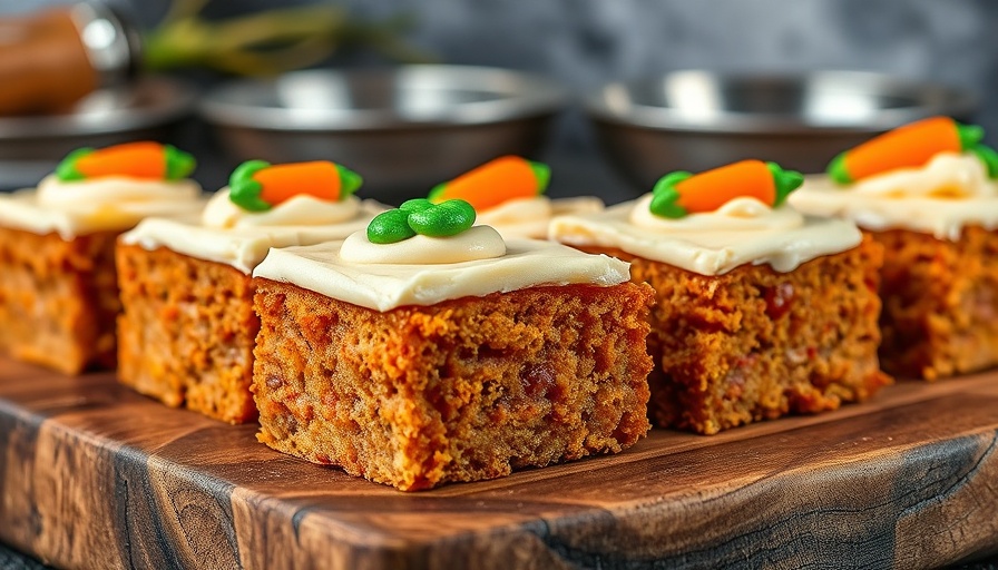 Vegan carrot cake with icing in a vibrant bakery setting.