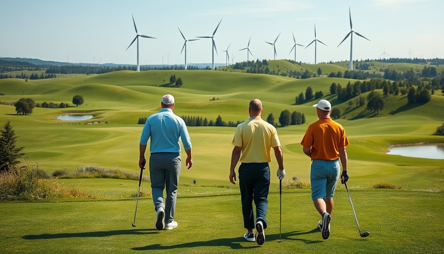 Golfers on a course with wind turbines in the background contrasting land use.