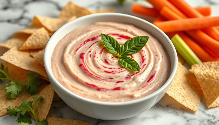 Bowl of radish cream cheese dip with chips, carrots, and celery.