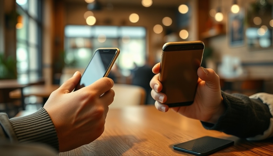 Close-up of hands exchanging data with smartphones in a café, real-time info.