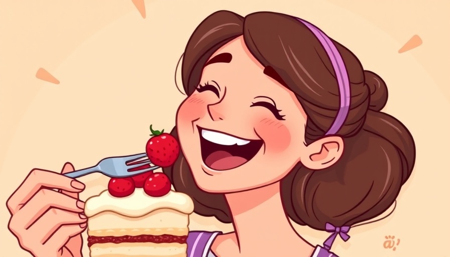 Joyful woman enjoying cake, changing relationship with food, illustration.