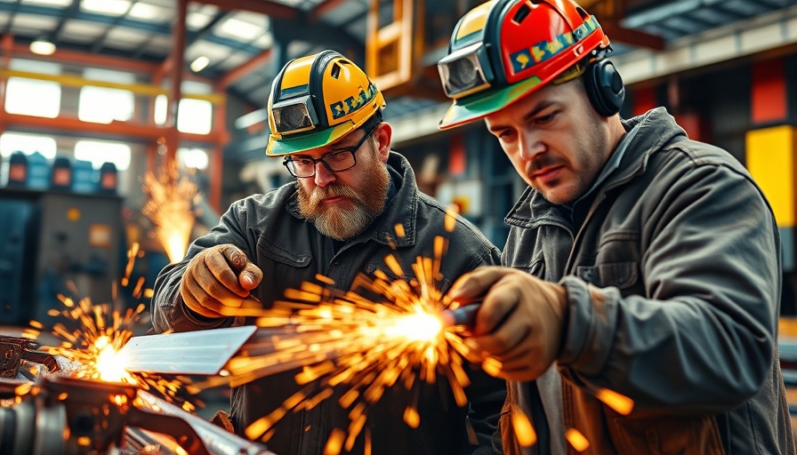 Industrial workers implementing EU Clean Industrial Deal in a vibrant factory.