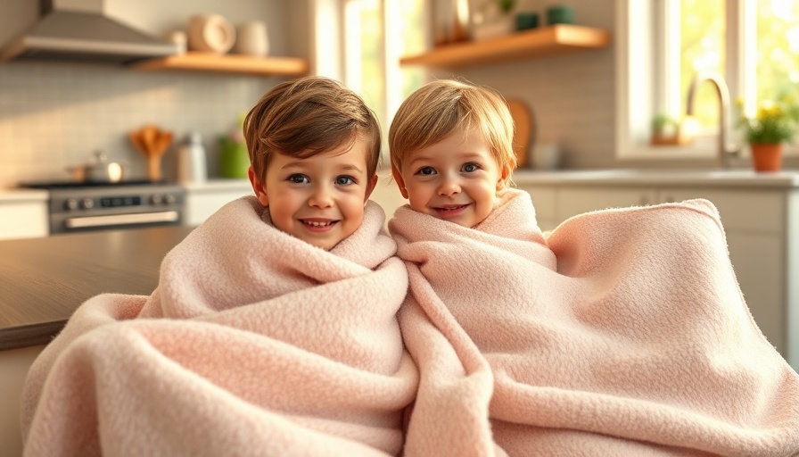 Cozy young children wrapped in pastel blankets in a bright kitchen.