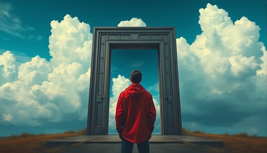 Contemplative figure by open door in sky, representing questions to ask before trying something new.