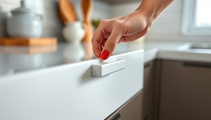 Close-up of a hand pulling a white kitchen drawer with a handle.
