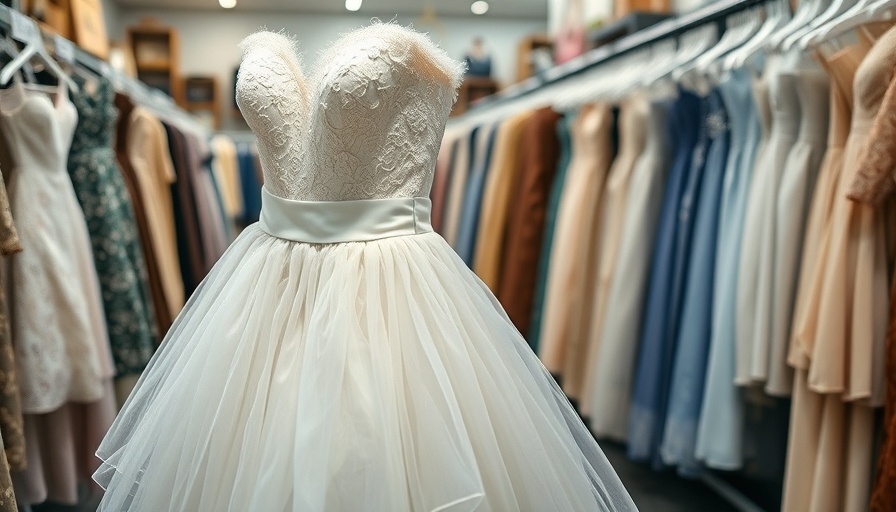 Thrift store wedding dress find with textured skirt and price tag.