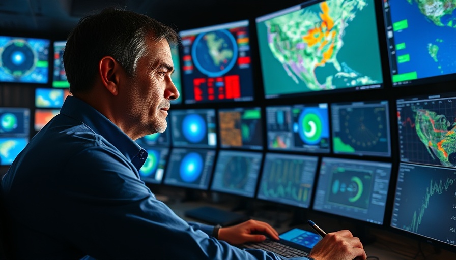 NOAA meteorologist analyzing weather data in control room.