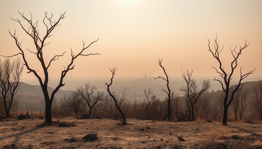 Charred trees silhouetted against a hazy skyline, illustrating plants losing ability to absorb carbon dioxide.