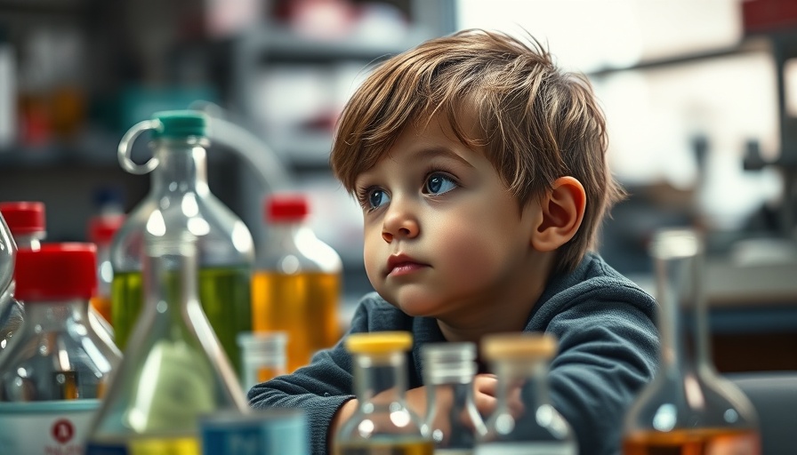 Child in laboratory setting surrounded by chemicals, highlighting chronic diseases in children chemical exposure.