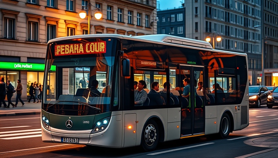 Zero-emission bus in Europe parked at night in city.