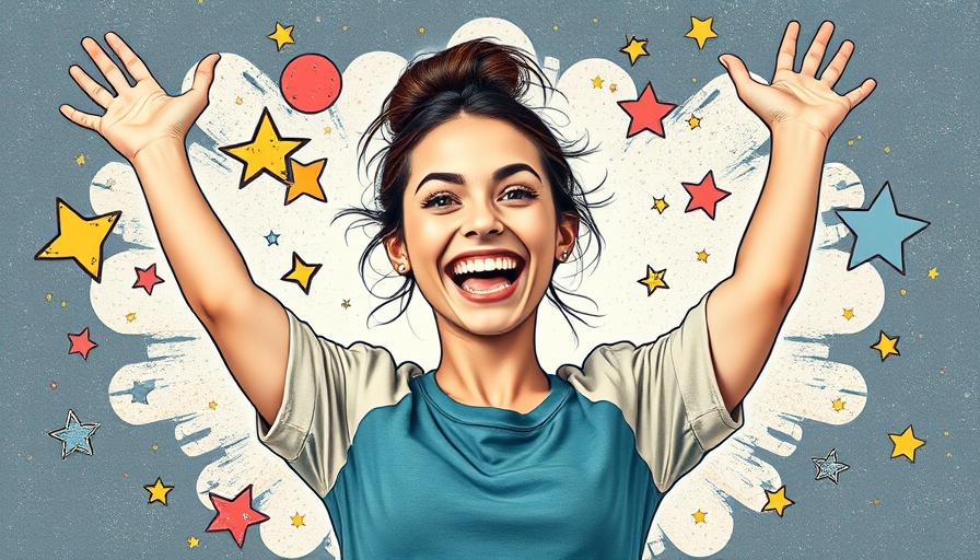 Joyful woman expresses true self with vibrant collage elements.