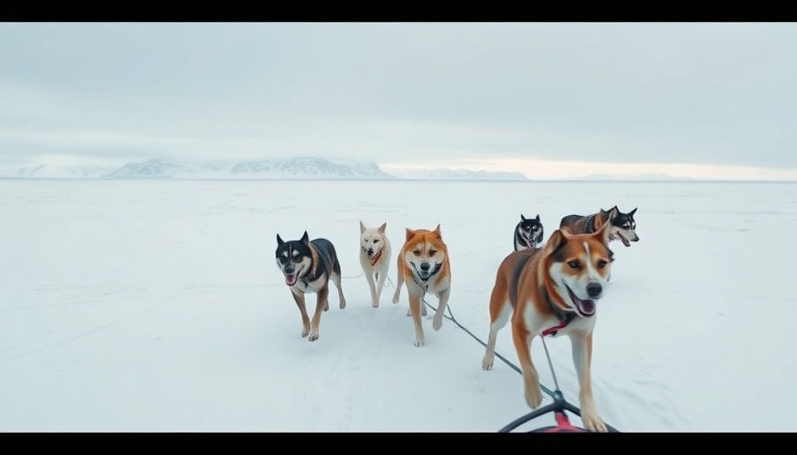 Dog sled team racing in snowy Arctic landscape, exploring ethics.