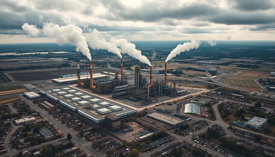 Aerial view of refinery near residential area, highlighting carbon emissions impact.