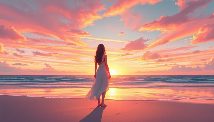 Contemplative woman gazing at vibrant sunset over ocean