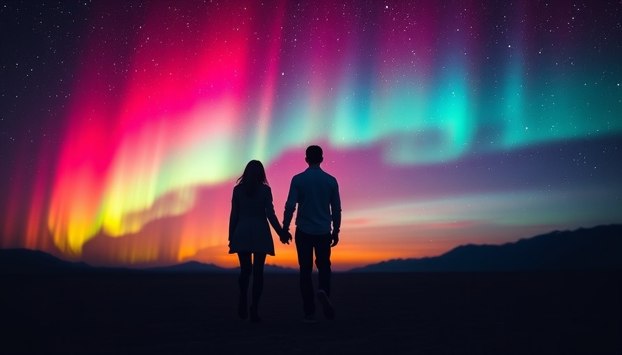 Two silhouettes part under a vibrant aurora, symbolizing letting go.