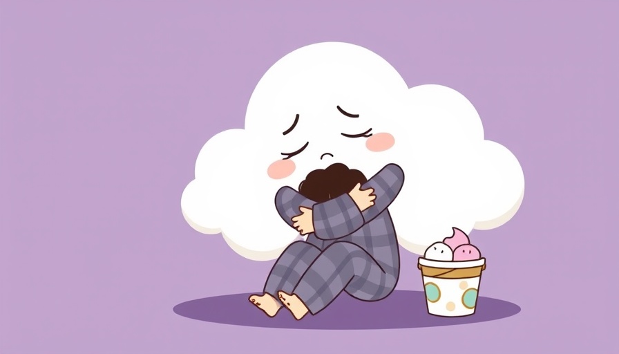 Cartoon cloud comforting a sitting person with ice cream.