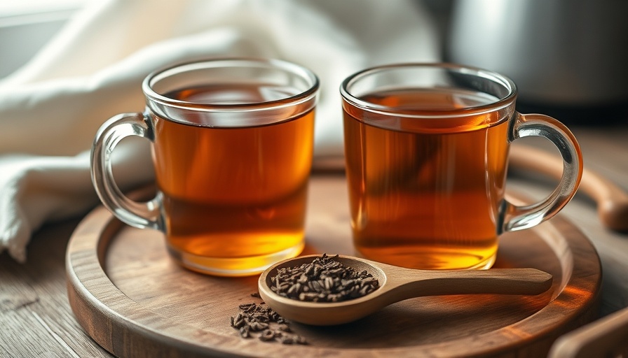 Amber herbal tea in clear mugs on a wooden tray with loose tea leaves.